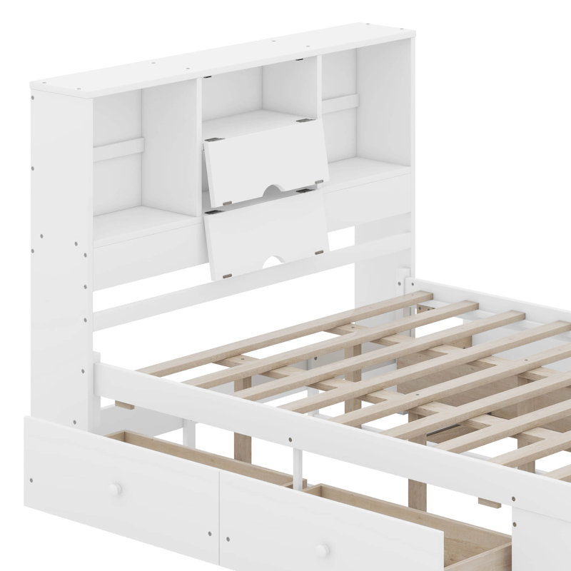Platform Bed with Storage Headboard And 8 Drawers, Queen, White