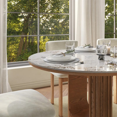 79" Mid-Century Modern Oval Dining Table For 8, Pandora Scratch-Resistant Glossy Sintered Stone Top & Walnut Fluted Pedestal Base, Easy-To-Clean Kitchen Table, Fluted Dining Table, Japandi Dining Table