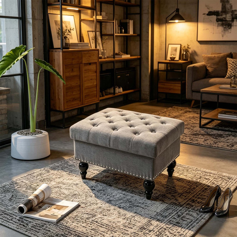 Pouf de rangement élégant capitonné avec garniture cloutée, repose-pieds multifonctionnel et solution de rangement pour les salons