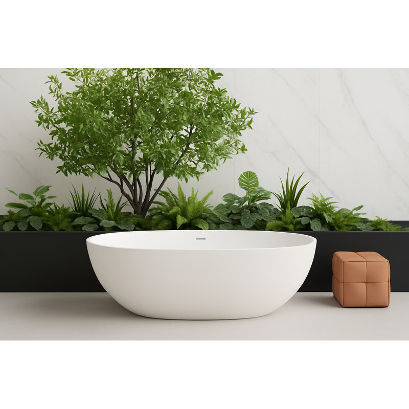 67” Freestanding Soaking Solid Surface Insulated Bathtub Stone Resin Bath Tub With Overflow And Pop-up Drain, Matte White