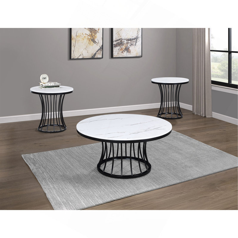 3Pc Modern Cocktail Group Set Coffee Table End Table Luxurious Faux Marble Top Cage-Like Base Wooden Living Room Furniture