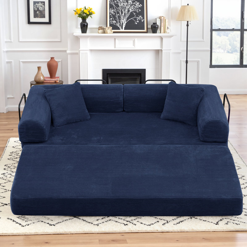 80.7" Corduroy Sleeper Sofa Modular Sofa Bed Compression Foam Couch Bed With 2 Pillows - No Assembly Required, Blue