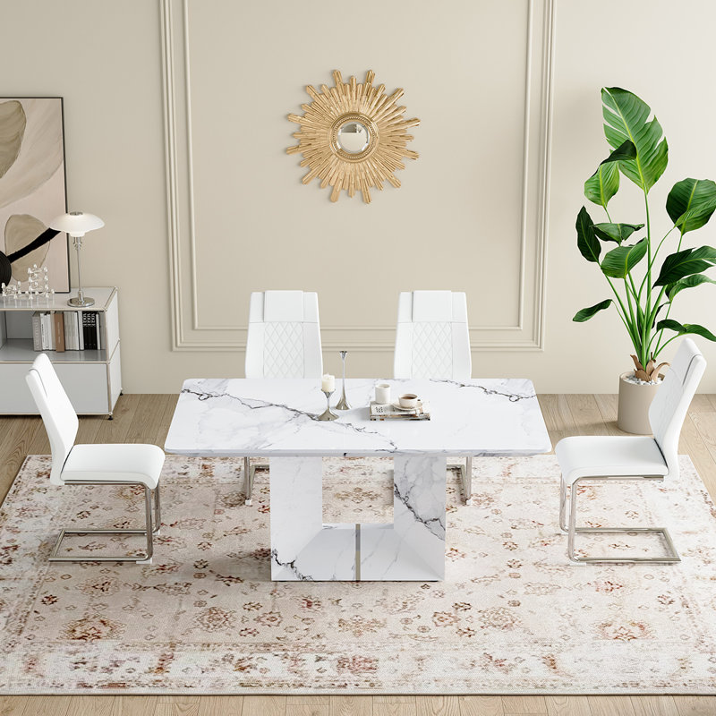5-Piece Marble Dining Table Set, White, White/Silver