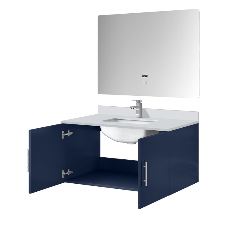 Bleu marine 36 po Meuble-lavabo pour salle de bain avec comptoir en quartz blanc, robinet et miroir à DEL, Marine