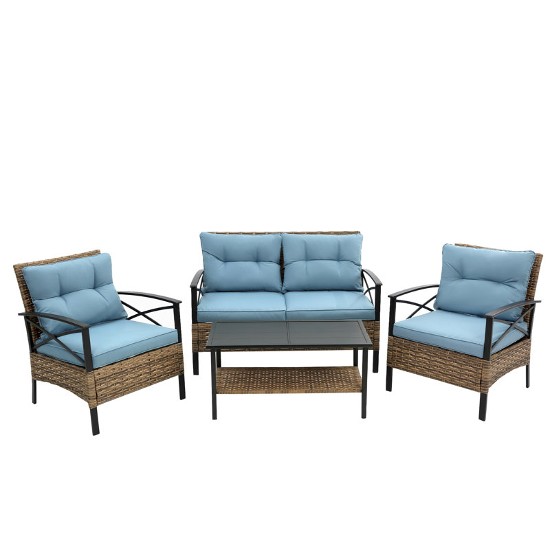 Ensemble de conversation d'extérieur en osier 4 pièces avec coussins et table, Bleu