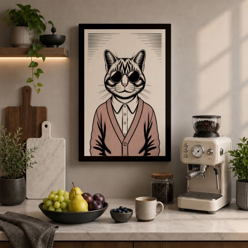 Cat in Cardigan Boho - Wrapped Canvas, 24x16 - 61.0 x 40.6 cm, Terracotta Border