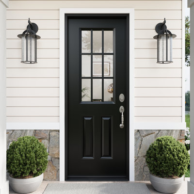30" x 80" Painted Black 9-Lite Clear Glass Entry Front Exterior Steel Door, Left Hand/Inswing, Slab Door with Modern Style, Standard Door for French Door/Prehung Door/Entry Door (Not Included Hardware Kit)