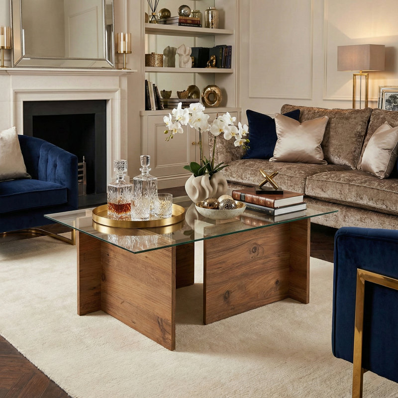 Rectangle Tempered Glass Coffee Table, Atlantic Pine, 15.7" H x 41.3" L x 25.6" W