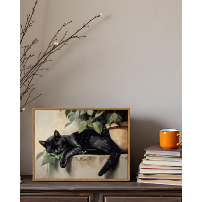 Vintage Framed Canvas Wall Art, Sleeping Black Cat Framed Wall Art for Living Room Bedroom Office, Vintage Rustic Animal Art Prints for Bathroom Decor(12x16 Inch)