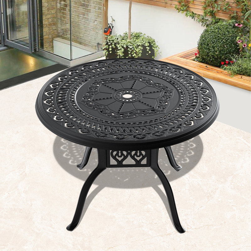 Table de salle à manger 39,37 pouces en fonte d'aluminium avec structure noire et trou pour parasol