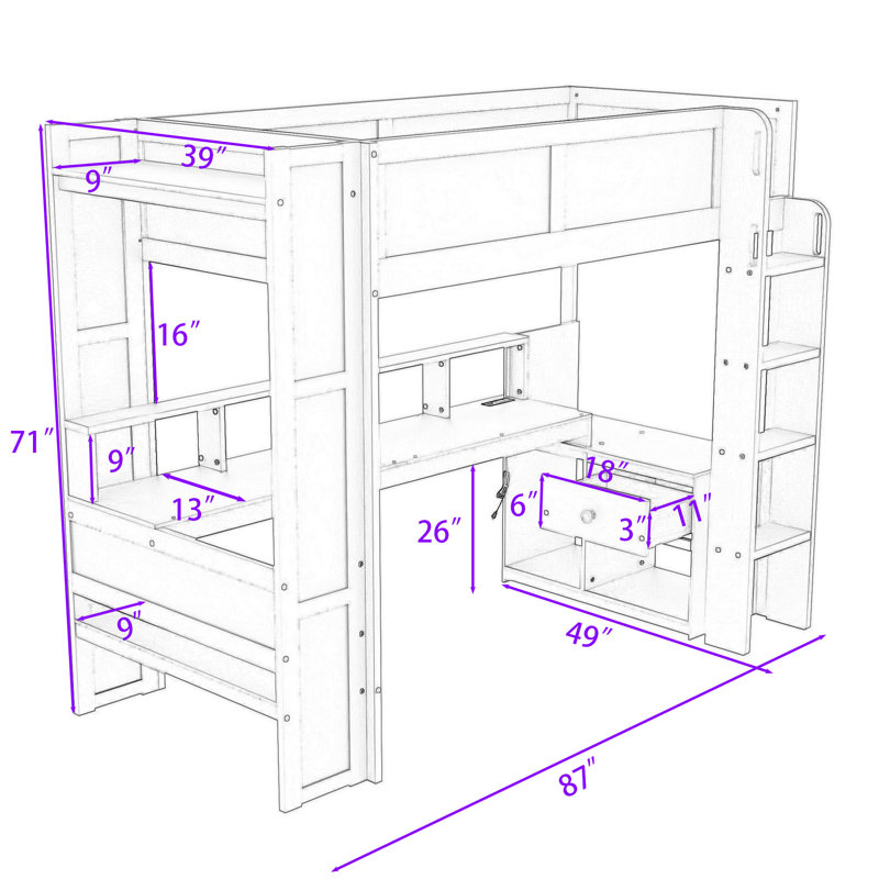 Jenri 1 Drawer Wood Loft Bed with Desk and Multi-storage Shelves and LED, Twin