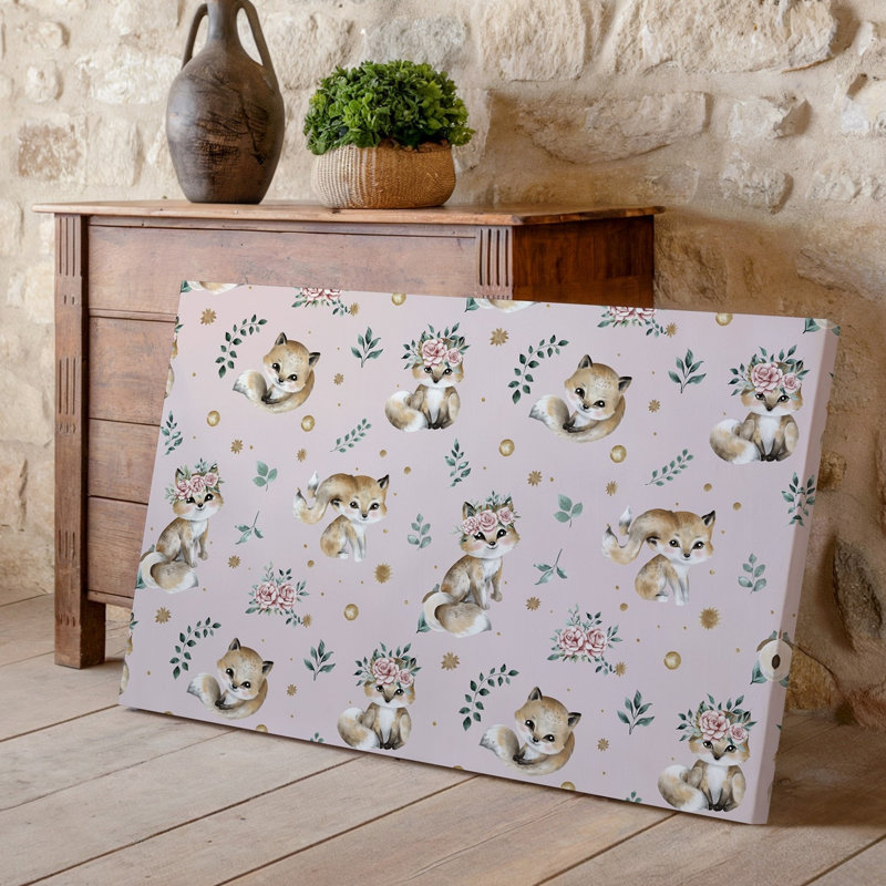 Toile un motif fantaisiste mettant en vedette des renards stylisés adorables ornés de délicates couronnes florales sur fond de toile tendue rose