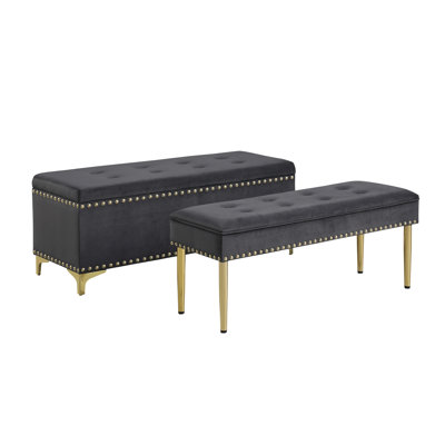Grand ensemble de bancs de rangement, bancs à garniture cloutée 2 en 1, bancs en velours capitonné avec pieds dorés pour le salon, l'entrée, le couloir, le soutien de la chambre à coucher 250 lb