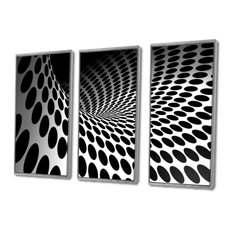 «Waves And Circles Black N White», 3 pièces, cadre flottant, impression sur toile, H 32 po x l 48 po, Silver