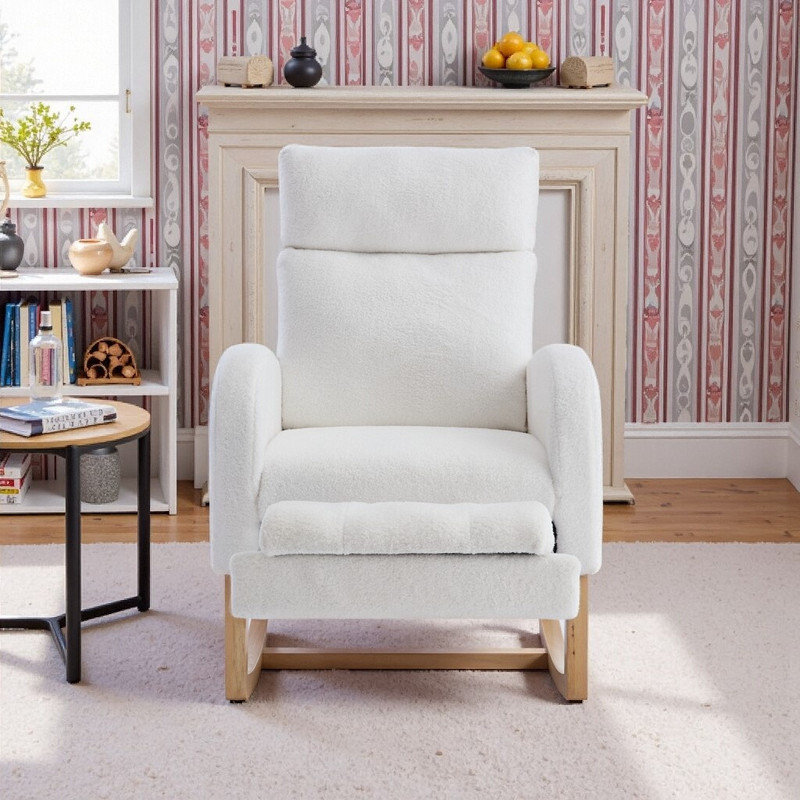 Chaise berçante à base en bois massif avec repose-pieds réglable et pochette de rangement, White
