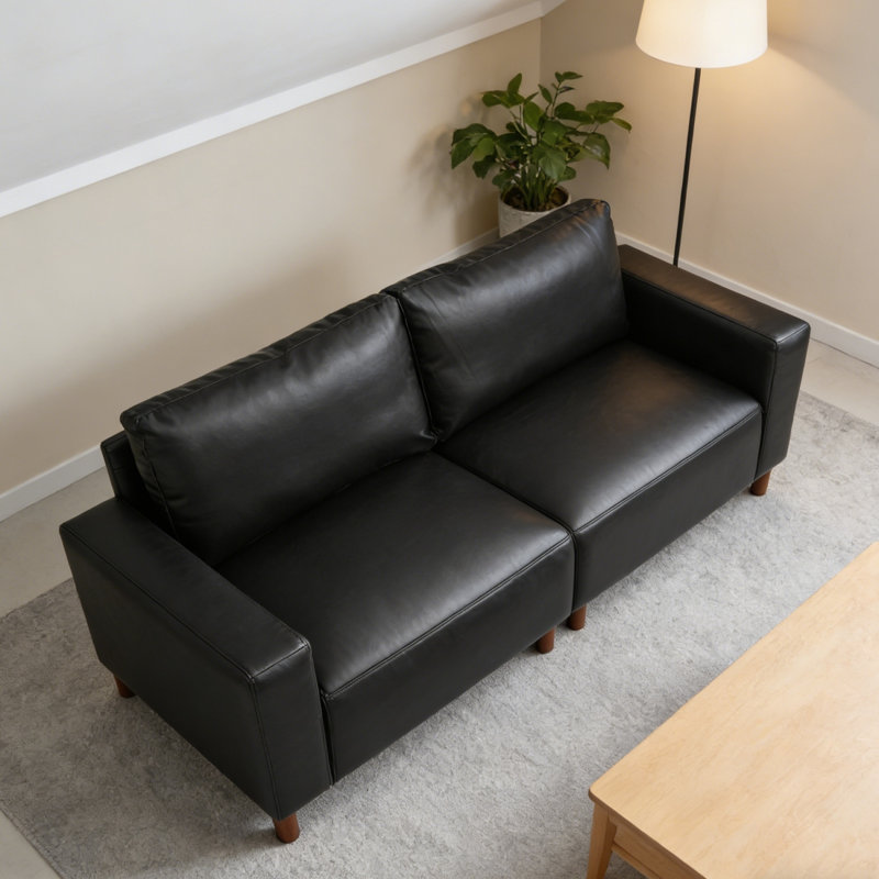 Canapé moderne en similicuir pour le salon, H 33,8 po x l 78,5 po x P 31,9 po, Noir, 2