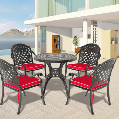 Table de salle à manger en aluminium coulé noir avec coussins - résistant aux intempéries, à la rouille, 4 places, empilable, table compatible avec parasol