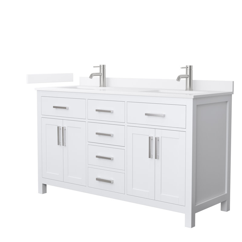 Beckett 60" Freestanding Double Bathroom Vanity with Quartz Top, White, Brushed Nickel, White Quartz