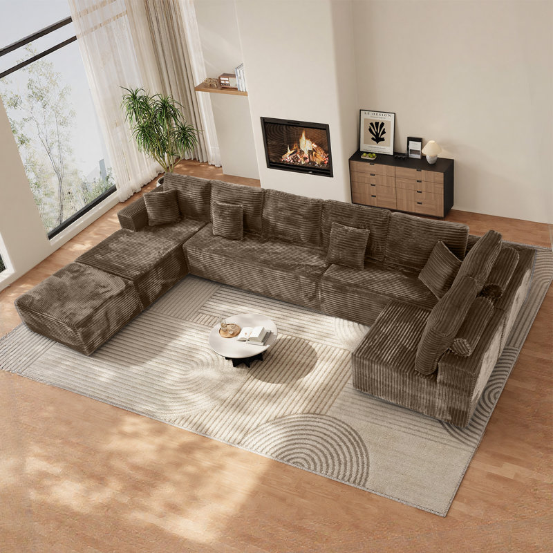 Canapé modulaire surdimensionné en velours côtelé de 177 po de large avec coussins décoratifs, Velours côtelé brun clair