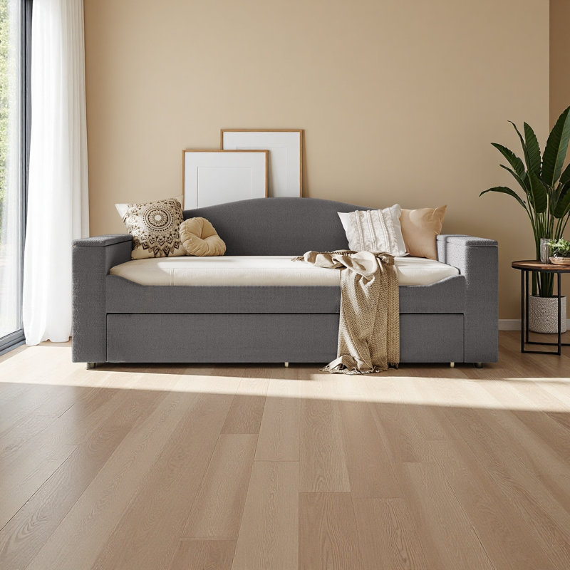 Twin Size Upholstered Daybed With Storage Armrests, Trundle And Latest Integrated Bluetooth Audio System, Teddy Fleece, Gray