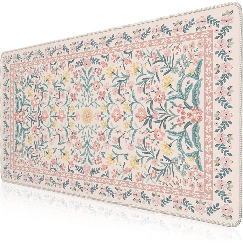 Tapis de souris pour bureau, 15,75 x 31,5 po, rose floral | Sous-main antidérapante avec bord cousu, résistante à l'eau