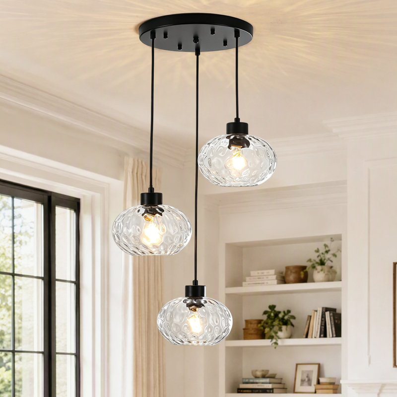 3 Light Hammered Glass Pendant Light Height Adjustable Hanging Light