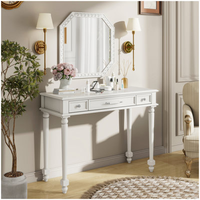 Bureau de maquillage rétro avec grand miroir, coiffeuse à 3 tiroirs pour le rangement des bijoux, console élégante pour la chambre à coucher, le salon, le couloir et le vestibule, blanc