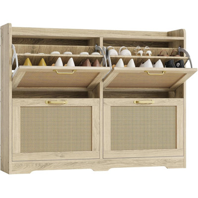 Armoire de rangement pour chaussures en rotin avec 4 tiroirs rabattables, organisateur de chaussures dissimulé et respirant pour le vestibule