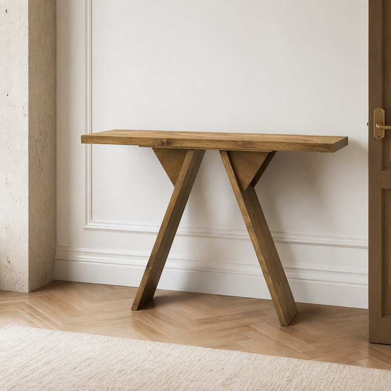 Console Mid-Century avec base en V, Bois naturel, Bois naturel, Bois naturel