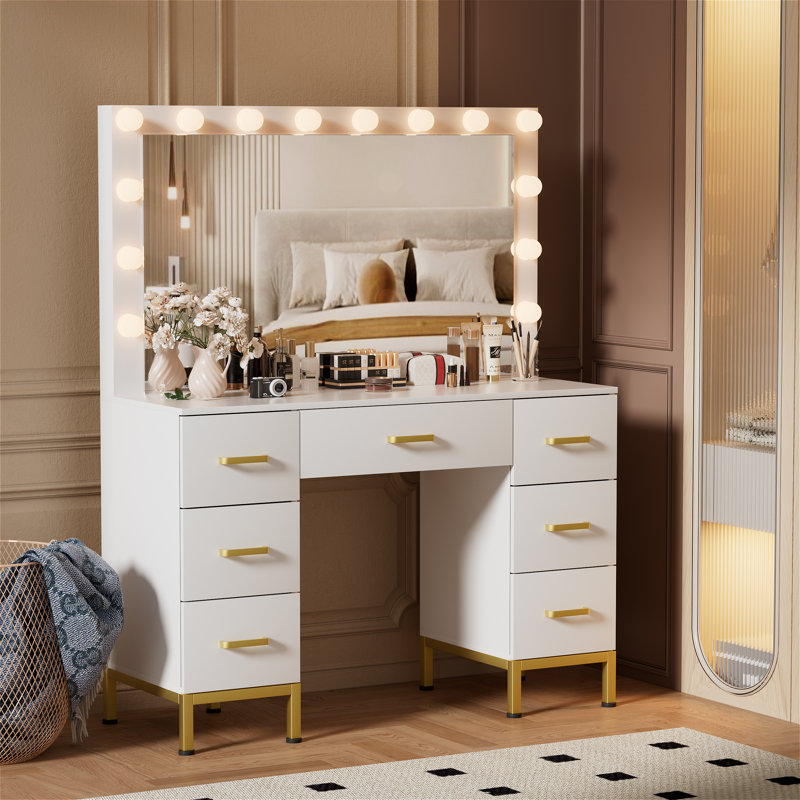 Azmira 43.3'' Large Makeup Vanity, Vanity Set with Lighted Mirror, White