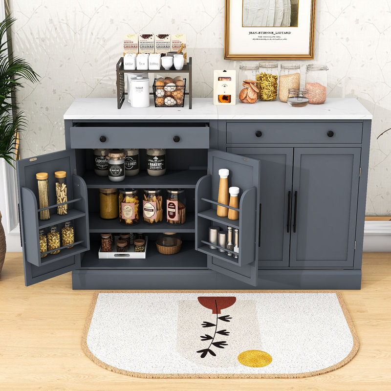Garde-manger 2 pièces avec plateau en faux marbre, tablettes réglables, tiroir coulissant et cabient, Gris