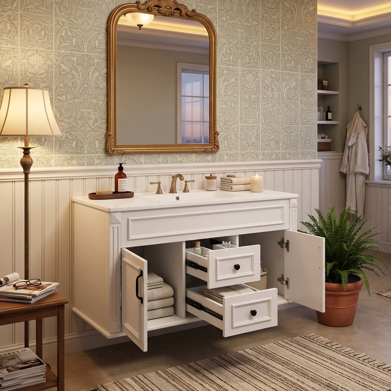Meuble-lavabo moderne français 36 po avec lavabo intégré en céramique, armoire flottante en bois massif avec 2 tiroirs (blanc / noir / gris / bleu)