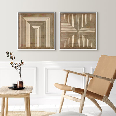 Geometric Line Pattern Wall Decor - Minimalist Neutral Abstract Artwork - Framed Canvas Master Bedroom Wall Art Work 2 Pieces Print