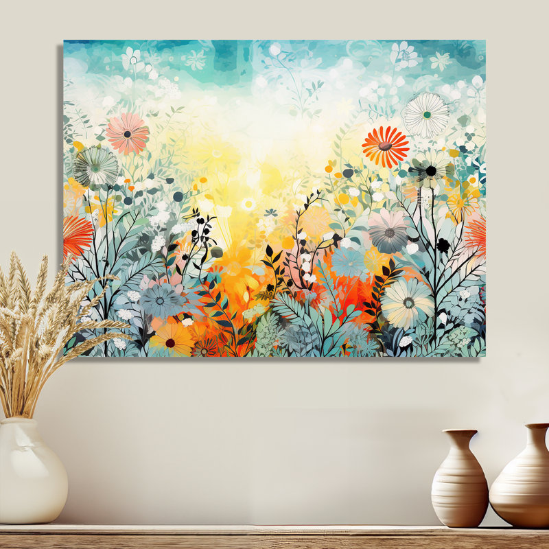 Art mural rétro avec fleurs printanières vibrantes - fleurs sauvages, Métal métal, H 34 po x l 44 po x P 1,5 po