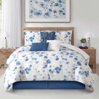 Micah Blue Waffle Printed 7 Piece Comforter Set