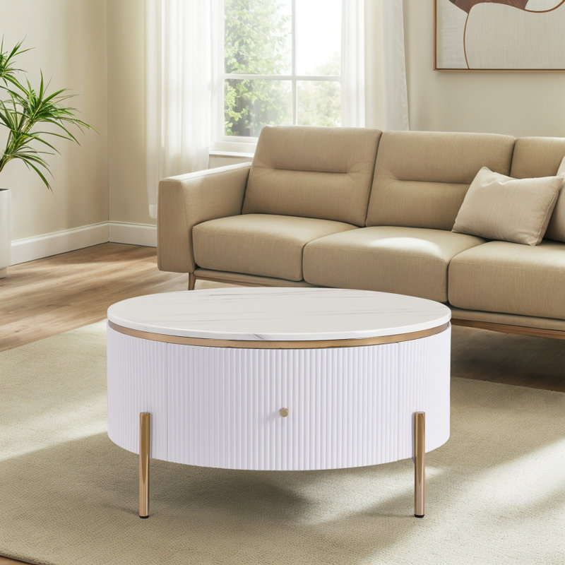 Table basse ronde avec 2 tiroirs, Blanc