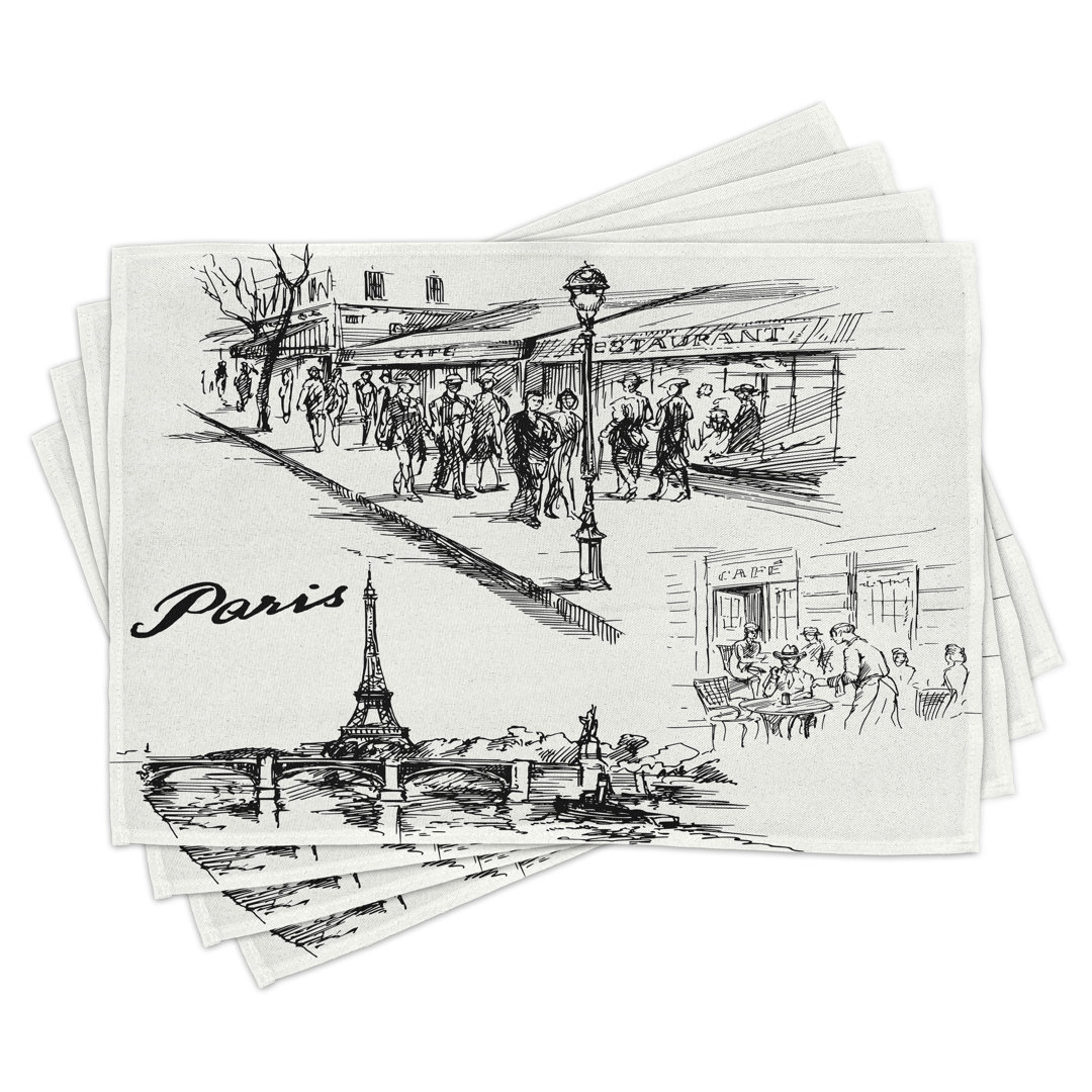 Platzdeckchen 4er Set, Retro Sketchy Paris, Weiß Schwarz