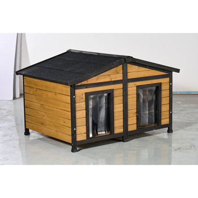 Outdoor Dog House For Medium - Sized Pets, Dual Entrances, Waterproof Asphalt Roof, Lift Up Hinged Yellow Finish, Weather Blocking Flaps, Removable Di