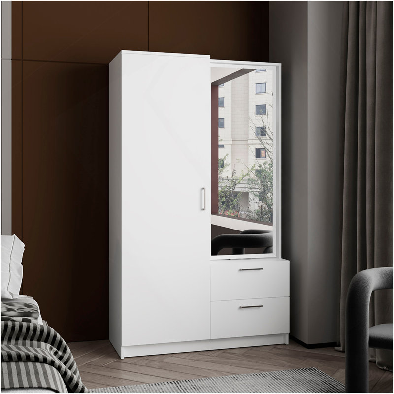 Armoire Vinco, 1 porte, 2 tiroirs, 6 tablettes, 1 miroir, blanc - Chambre