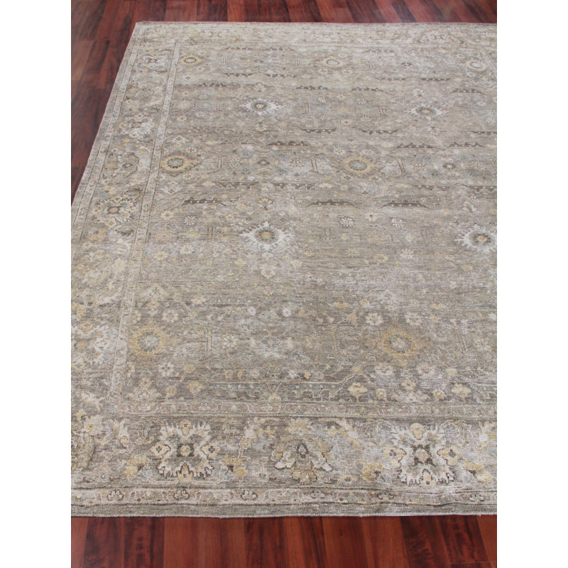 Heirloom Oriental Hand-Knotted Wool Khaki Area Rug, Rectangle 10' x 14'