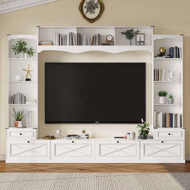 104"W Wall Unit TV Stand With Storage, Farmhouse Entertainment Center With Bridge & Bookshelves For Tvs Up To 80", Large TV Console Table Media Center For Living Room, White