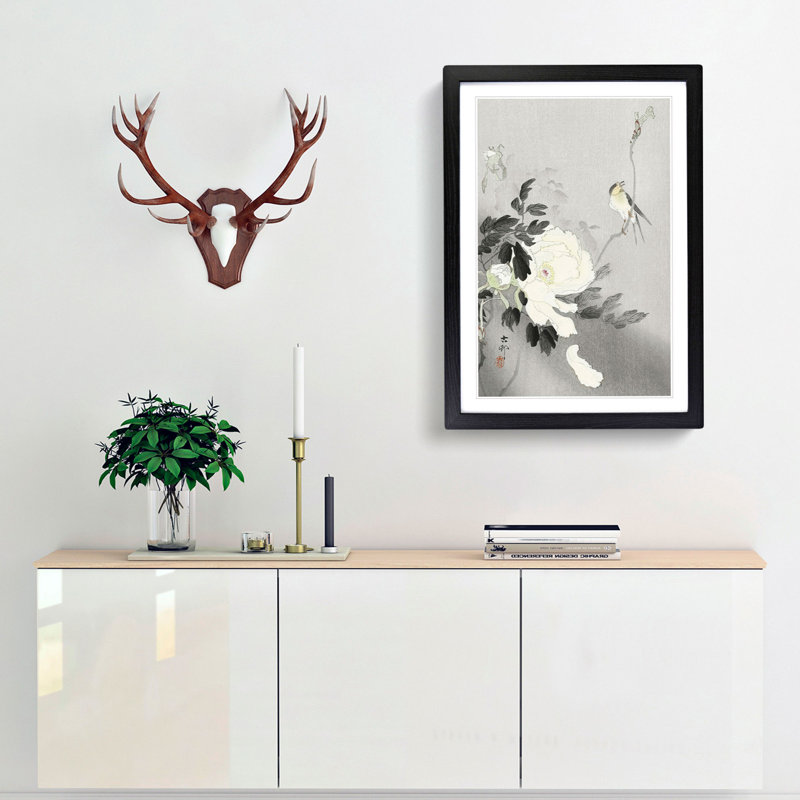 Swallow with Peony by Ohara Koson - Picture Frame Art Prints, 48cm H x 36cm W x 2cm D, Black Framed