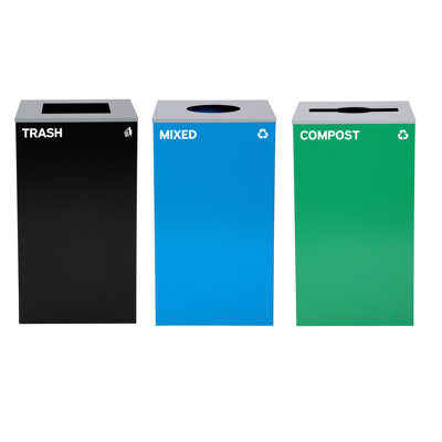 29 Gallon Steel Open Top Mixed Recycle Compost and Trash Can Set with Square, Mixed, and Circle Lid