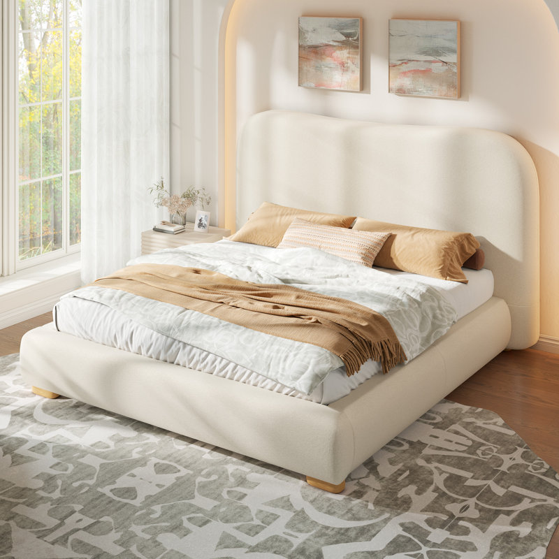 Modern Upholstered Platform Bed with Curved Headboard and Rounded Footboard, Cream, Full