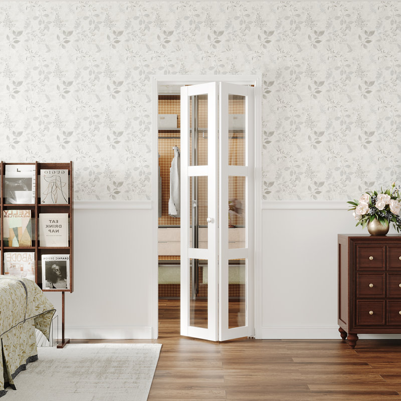 Bifold Door, 3-Lite Clear Glass Closet Door For 24"-36" Opening, Folding Doors With Hardware Kits, MDF, White Multifold Interior Doors