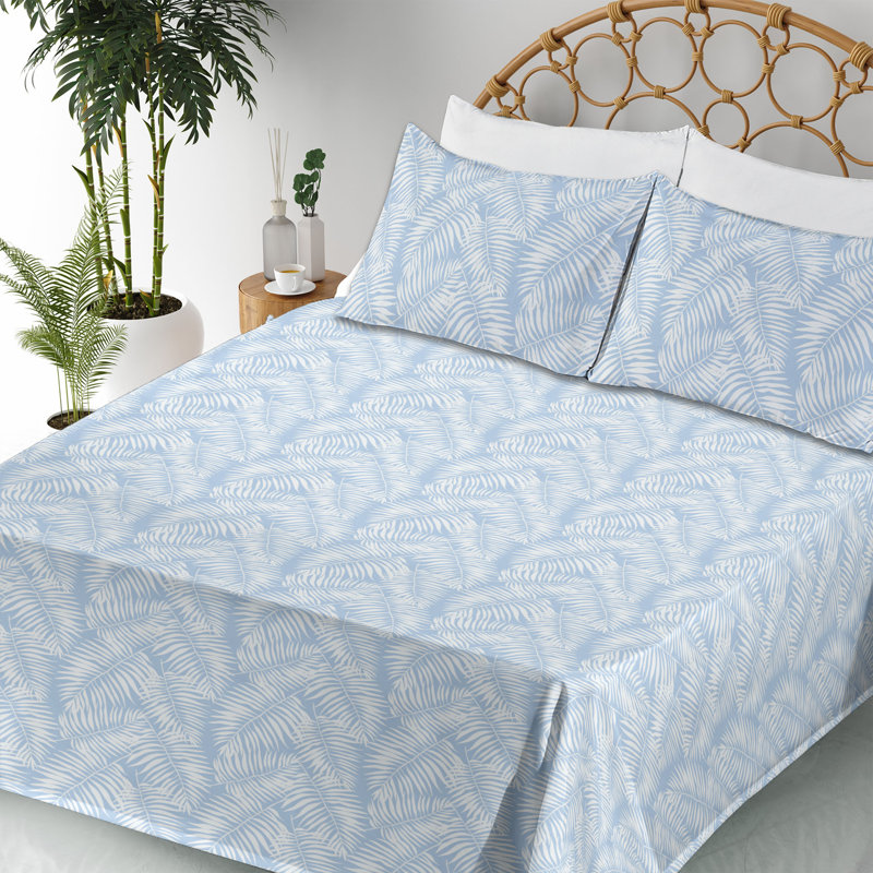 Microfiber Sheet Set, Pale Sky Blue/White Floral, Full Sheet Set with 2 Pillowcases