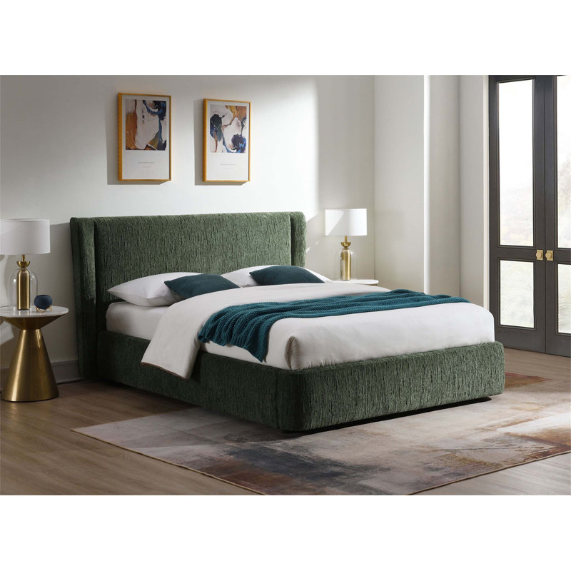 Lit double en chenille vert foncé Cheryl avec assemblage sans outil et support robuste pour les chambres élégantes, Double