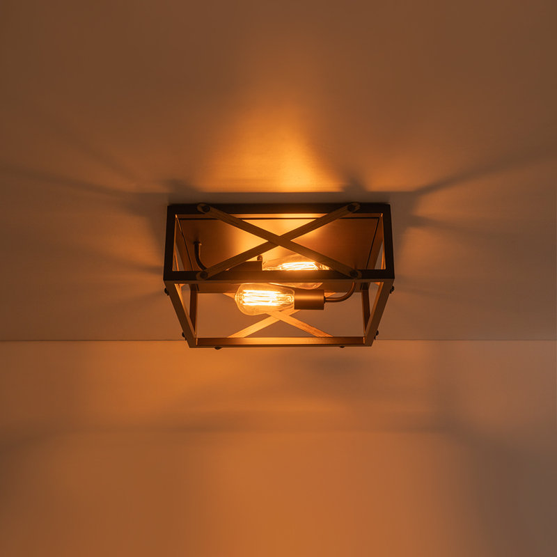 2 - Light Open Cage Square Wood Grain Flush Mount