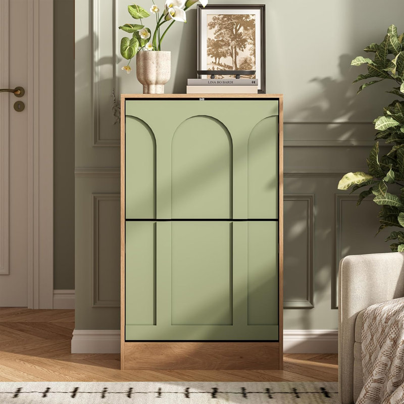 8 Pair Solid Wood Shoe Storage Cabinet, Green&Natural