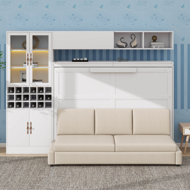 Lit escamotable fixé au mur avec canapé intégré, bibliothèques, charge USB et éclairage, Grand lit, Blanc